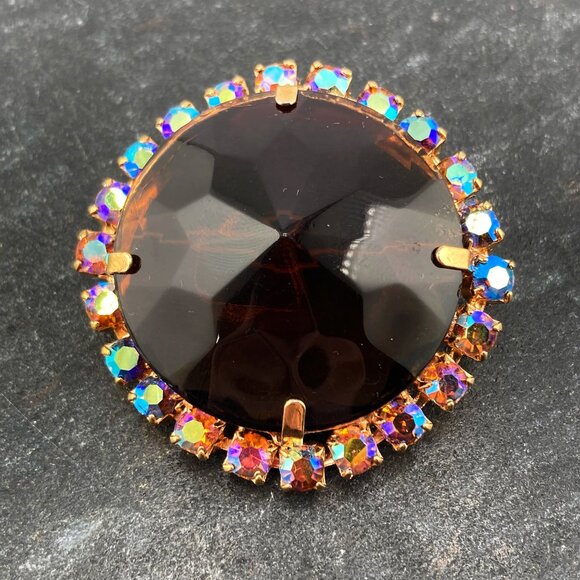 VINTAGE Big rhinestone and brown glass stone brooch ~ 1950s 1960s statement pin - Picture 6 of 9